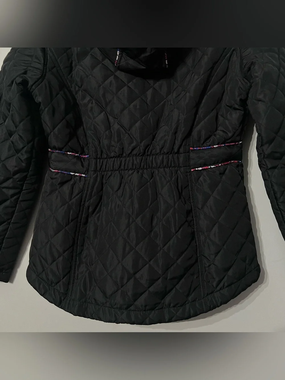 Weatherproof Girl’s L 14/16 Black Quilted Hooded Jacket Floral Lined Pockets